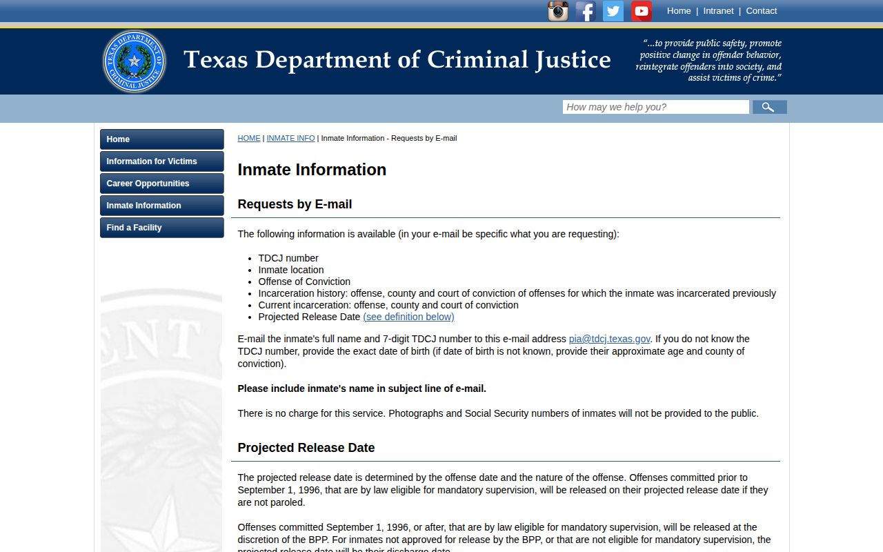 TDCJ former offender information request and release date guidance