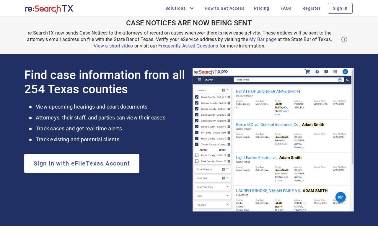 Texas statewide court document search landing page