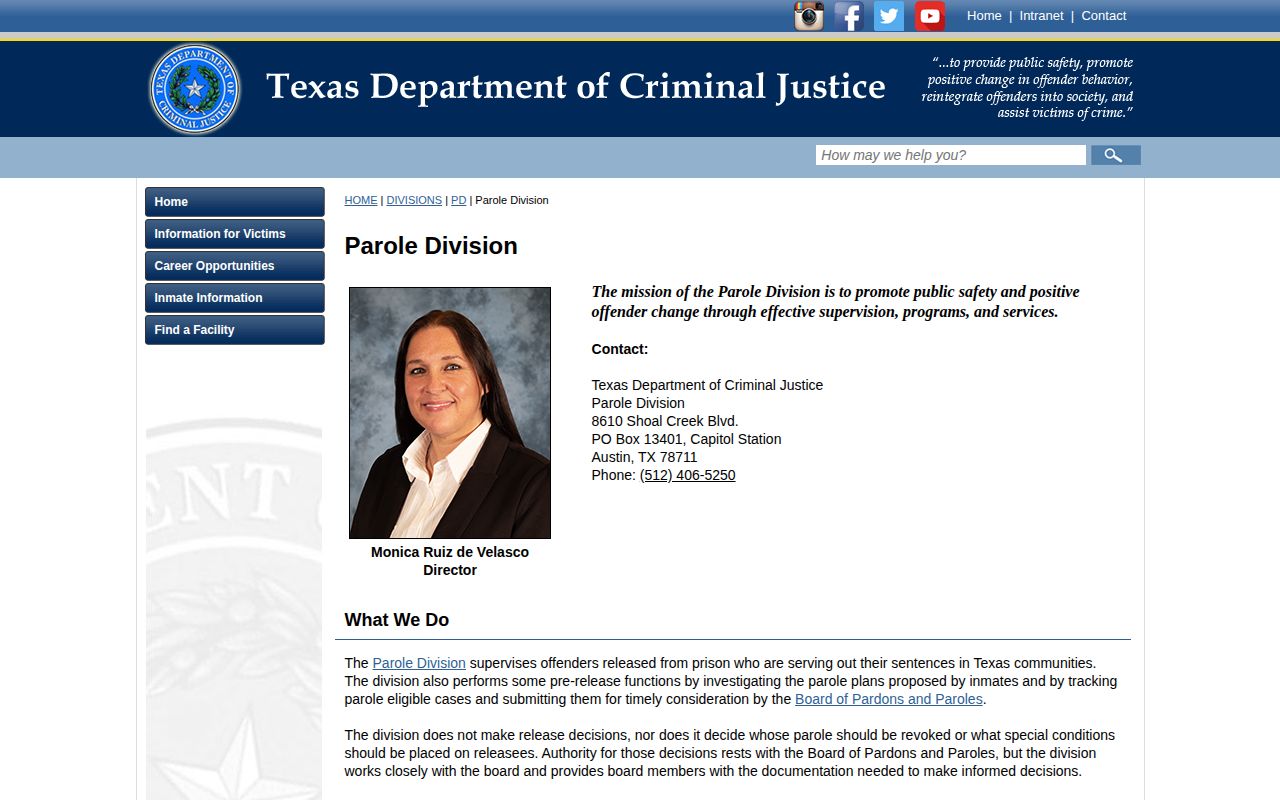 TDCJ Parole Division official information page